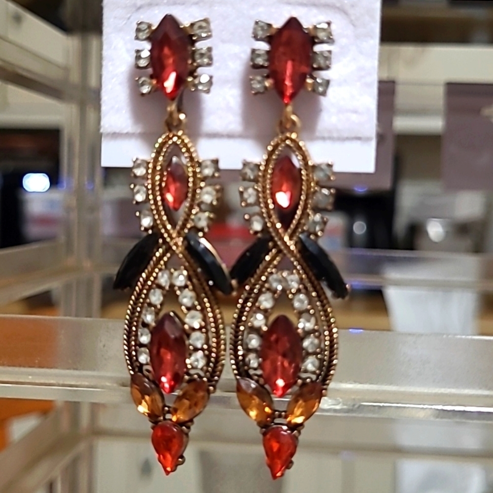 Chandelier Earrings Red Orange Crystal Rhinestone Vintage Glam Statement Pierced